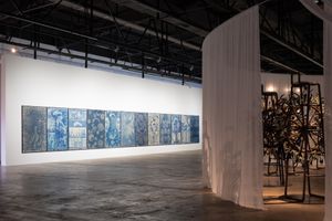 Left: Chang Jia, _Beautiful Instruments III – 12 Collages_ (2023). Collaged cyanotypes. 12 pieces, 193 x 120 cm each. Commissioned by the 14th Gwangju Biennale. Supported by SBS Cultural Foundation. Exhibition view: 14th Gwangju Biennale: _soft and weak like water_, South Korea (7 April–9 July 2023). Courtesy the artist and Gwangju Biennale Foundation. Photo: glimworkers.